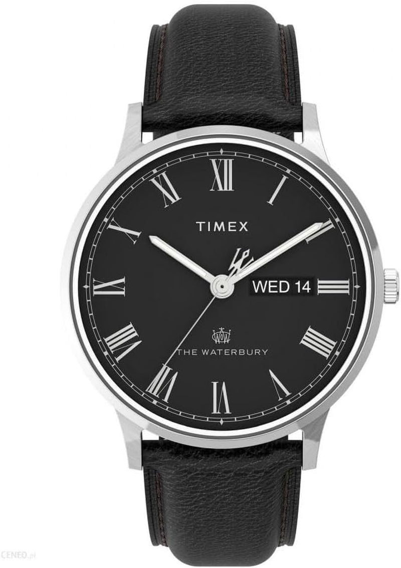 Reloj Timex Waterbury para hombre con esfera negra, números romanos y correa de piel negra.