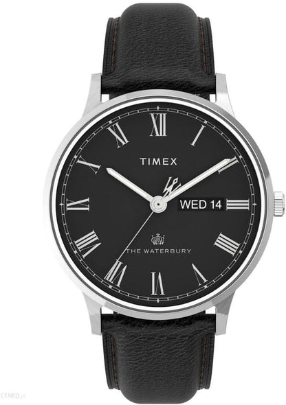 Reloj Timex Waterbury para hombre con esfera negra, números romanos y correa de piel negra.