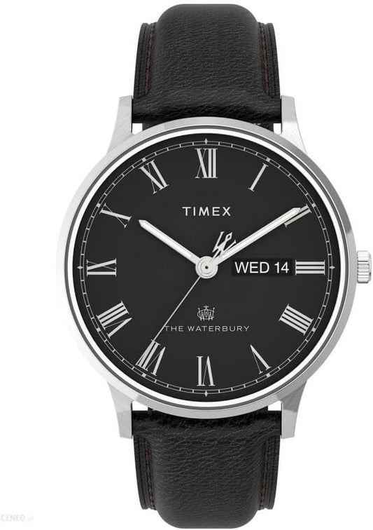 Reloj Timex Waterbury para hombre con esfera negra, números romanos y correa de piel negra.