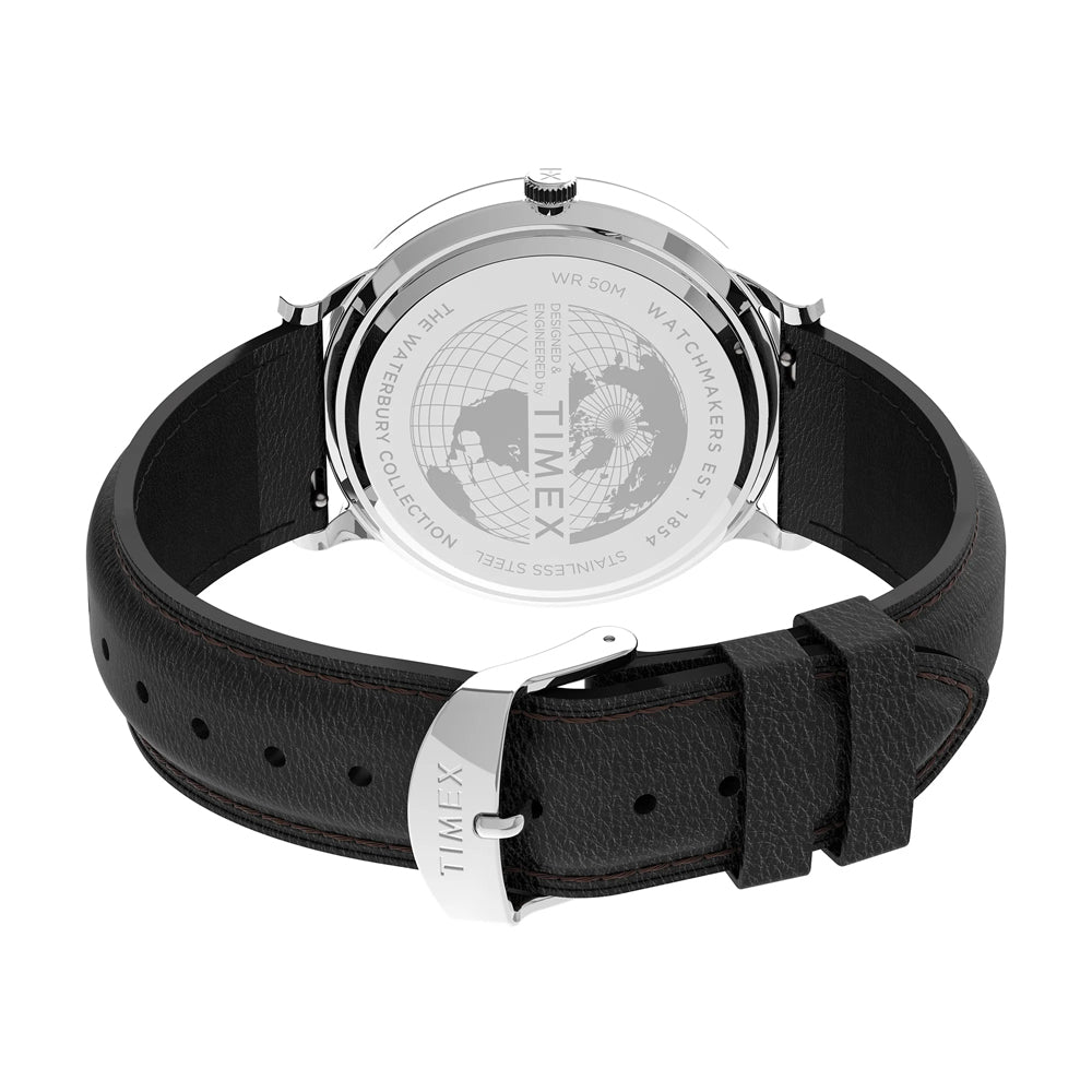 Parte trasera del reloj Timex Waterbury para hombre con caja de acero inoxidable y correa de piel negra con hebilla firmada.