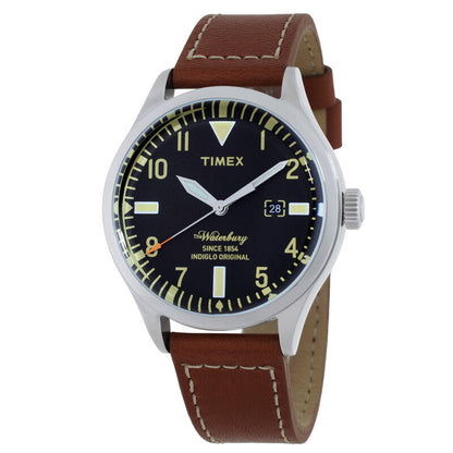 Timex Waterbury TW2P84000 with black dial, cream-tone hour markers and numerals, date window, silver-tone case, orange seconds hand, and brown leather strap with contrast stitching.