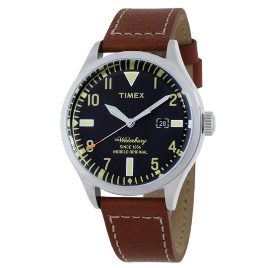 Timex Waterbury TW2P84000 with black dial, cream-tone hour markers and numerals, date window, silver-tone case, orange seconds hand, and brown leather strap with contrast stitching.