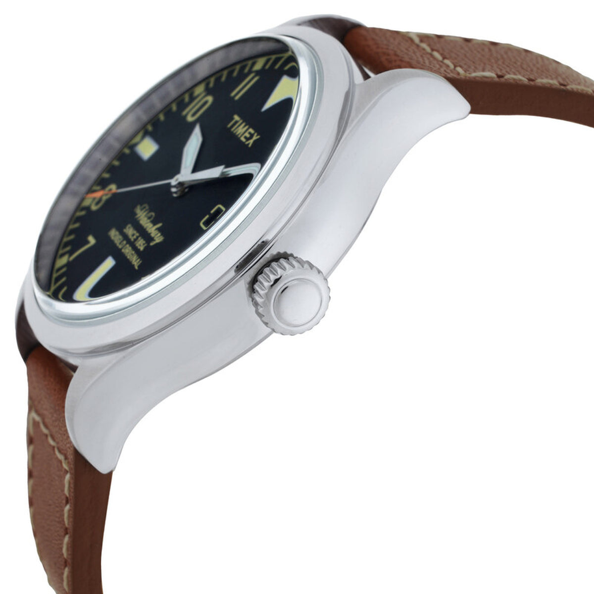 Timex Waterbury TW2P84000 with polished silver-tone case, prominent crown at 3 o’clock, raised crystal, black dial, and brown leather strap with contrast stitching.