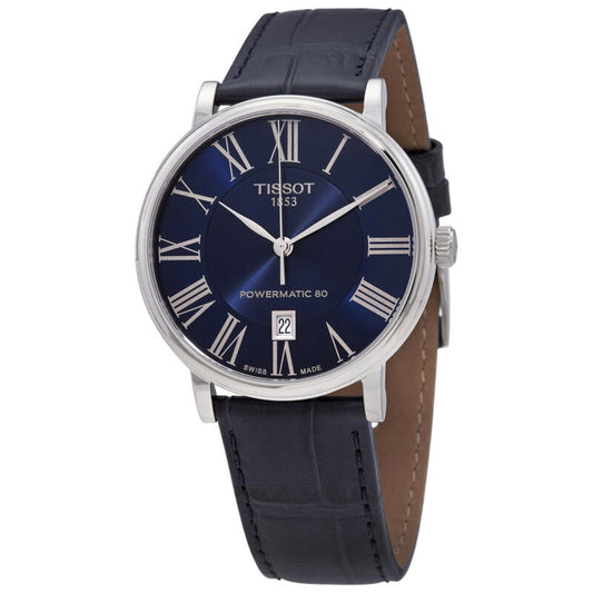 Tissot Carson Premium Powermatic 80 T122.407.16.043.00 automatic dress watch featuring a blue sunray dial, Roman numeral hour markers, Powermatic 80 movement, stainless steel case, and blue leather strap.