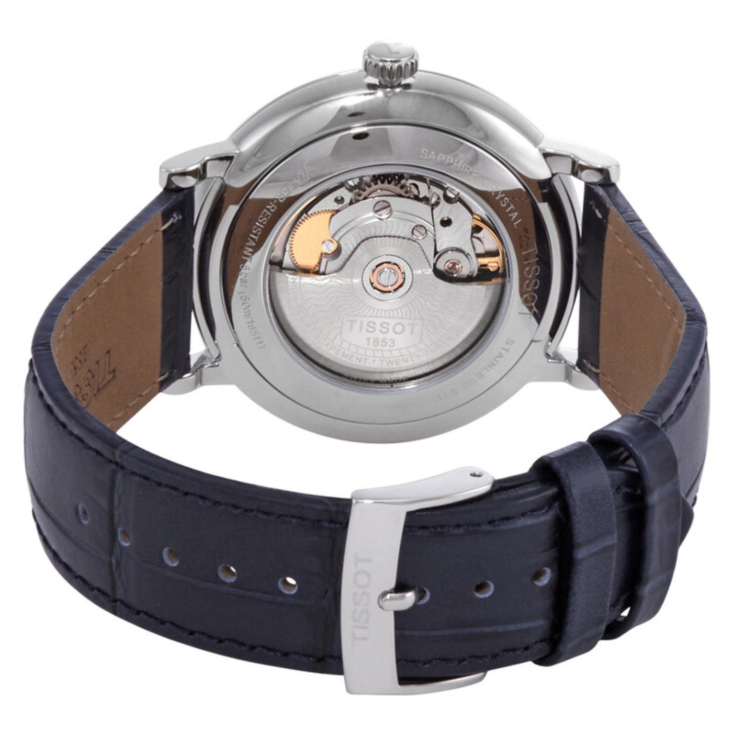 Rear view of the Tissot Carson Premium Powermatic 80 T122.407.16.043.00 featuring the exhibition caseback displaying the Powermatic 80 automatic movement, stainless steel case, and blue leather strap with buckle closure.