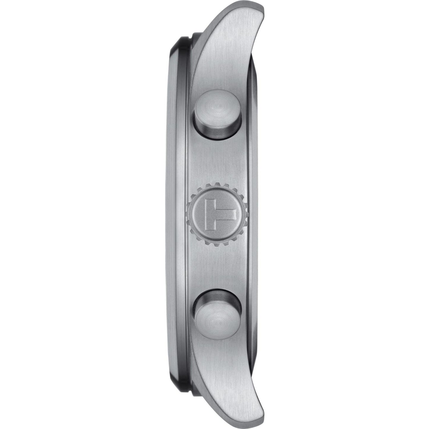 Vista lateral de la caja de acero del Tissot Chrono XL T116.617.16.062.00, mostrando la corona central firmada y los dos pulsadores de cronógrafo alineados verticalmente.