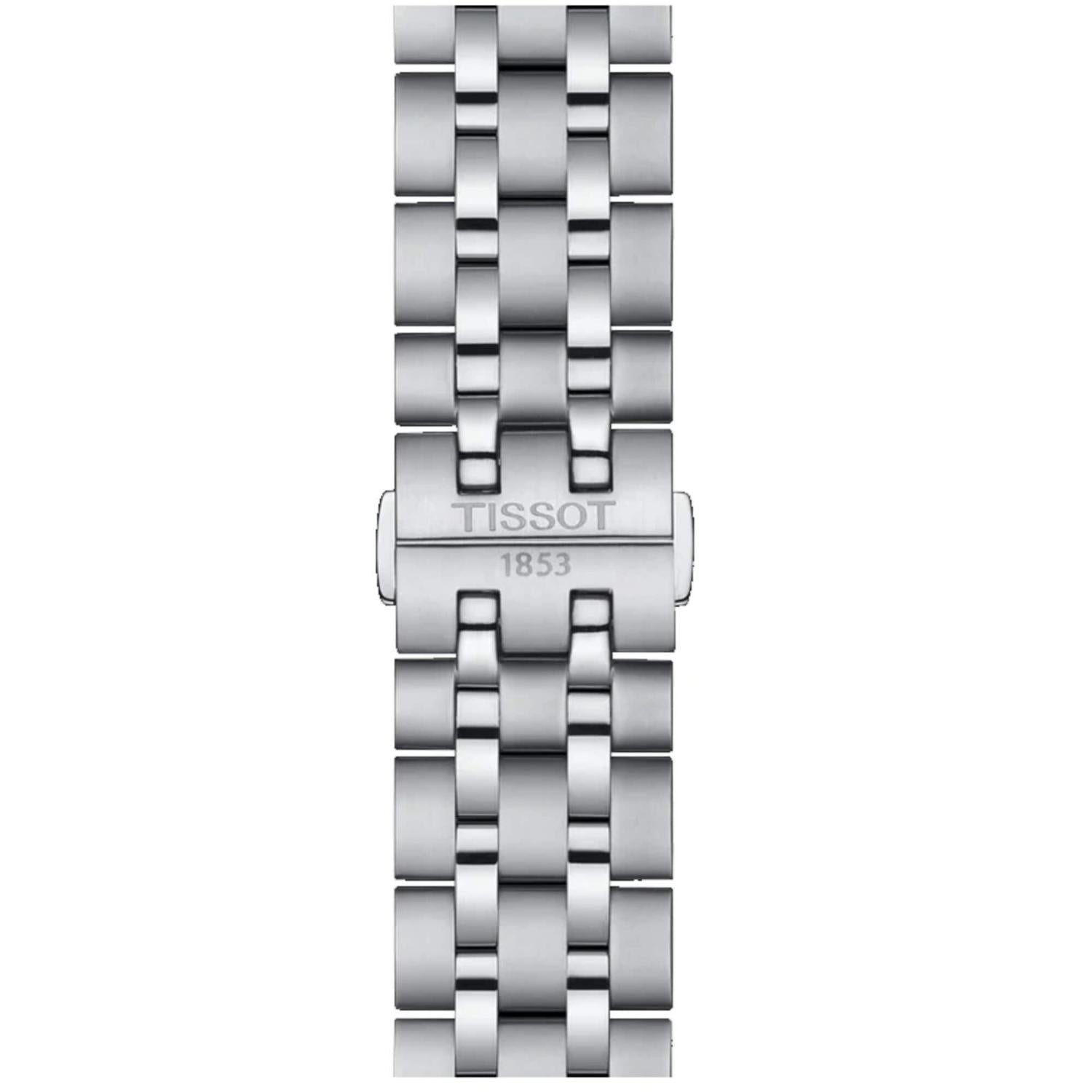Detalle del brazalete de acero del Tissot Classic Dream T129.410.11.053.00 con eslabones pulidos de cinco hileras y cierre mariposa grabado con el logotipo Tissot 1853.