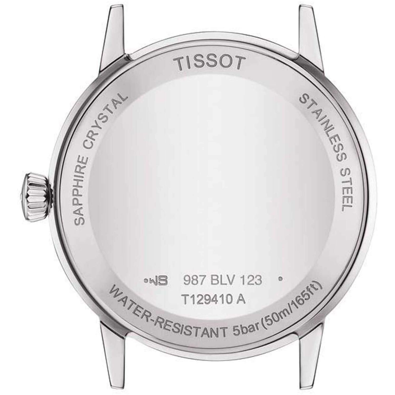 Vista trasera de la caja del Tissot Classic Dream T129.410.11.053.00 en acero pulido, con tapa roscada lisa grabada con cristal de zafiro, resistencia al agua 5 bar y referencias del modelo.