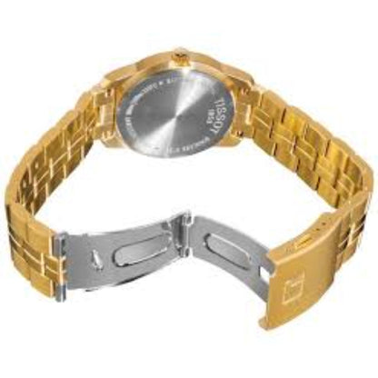 Tapa trasera de acero inoxidable con el logotipo de Tissot 1853 y brazalete de eslabones chapado en oro con el cierre desplegable abierto.