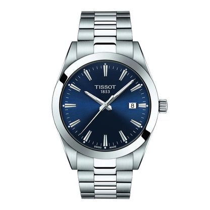 Reloj Tissot Gentleman T127.410.11.041.00 de cuarzo con esfera azul soleil, índices y agujas plateados, ventana de fecha a las 3 y brazalete de acero inoxidable en acabado pulido y cepillado