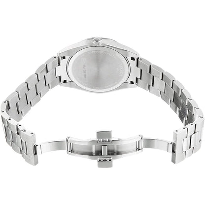 Vista trasera del reloj Tissot Gentleman T127.410.11.041.00 con tapa de acero lisa y brazalete metálico de eslabones abiertos mostrando el cierre mariposa desplegado