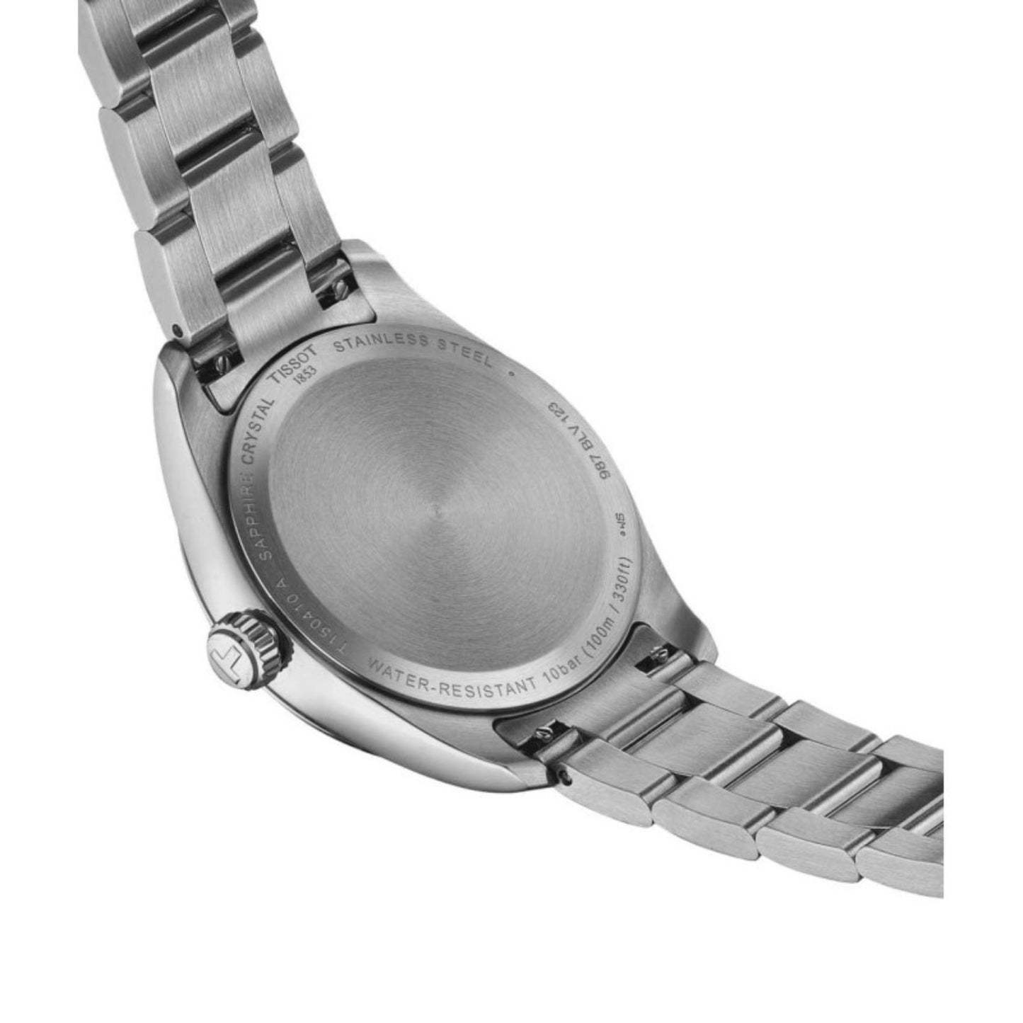 Tissot PR 100 T150.210.11.331.00 with stainless steel caseback, engraved rear case details, signed crown, and brushed steel bracelet.