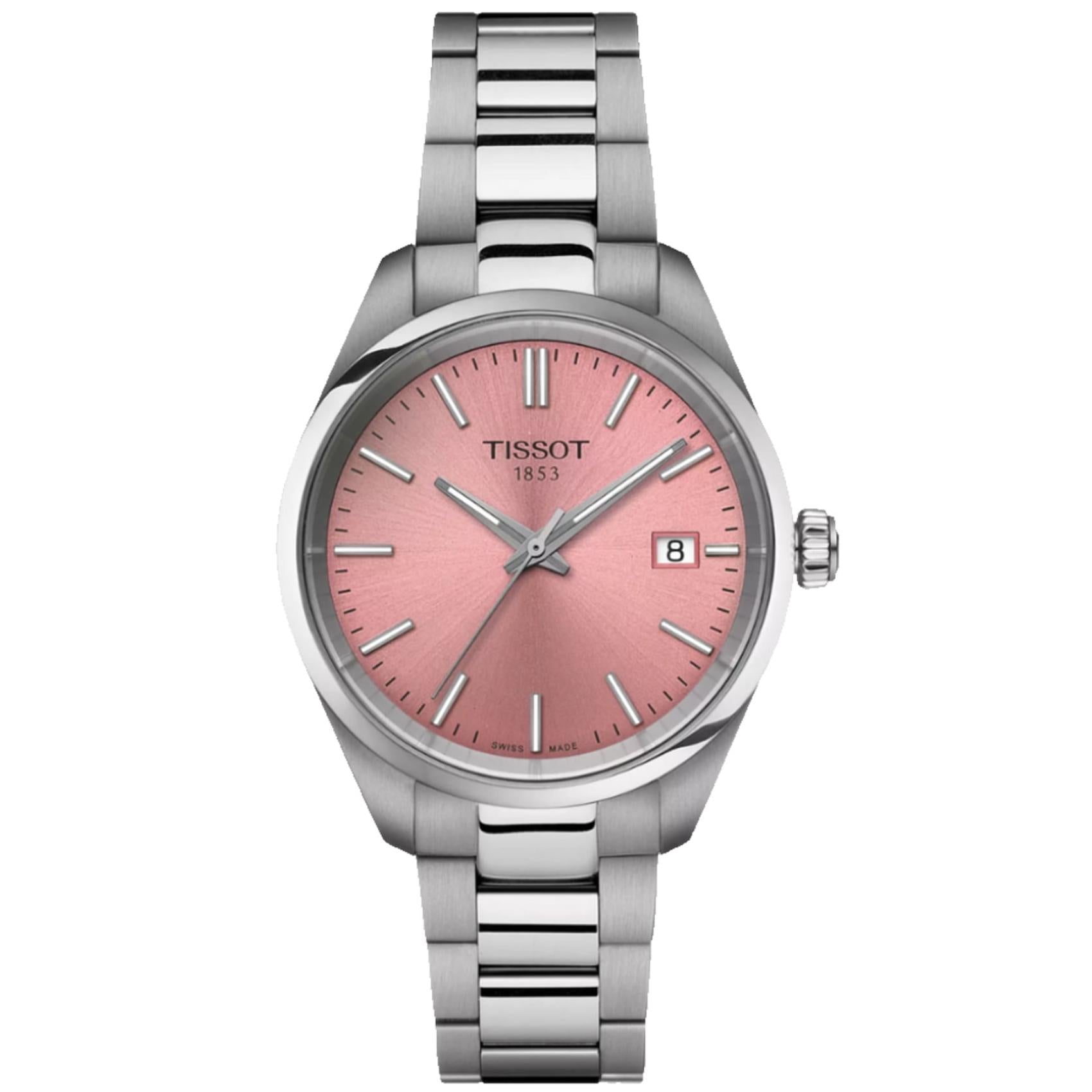 Tissot PR 100 T150.210.11.331.00 with pink sunray dial, silver-tone indexes, date window at 3 o’clock, and stainless steel bracelet with polished center links.