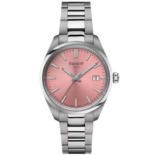 Tissot PR 100 T150.210.11.331.00 with pink sunray dial, silver-tone indexes, date window at 3 o’clock, and stainless steel bracelet with polished center links.