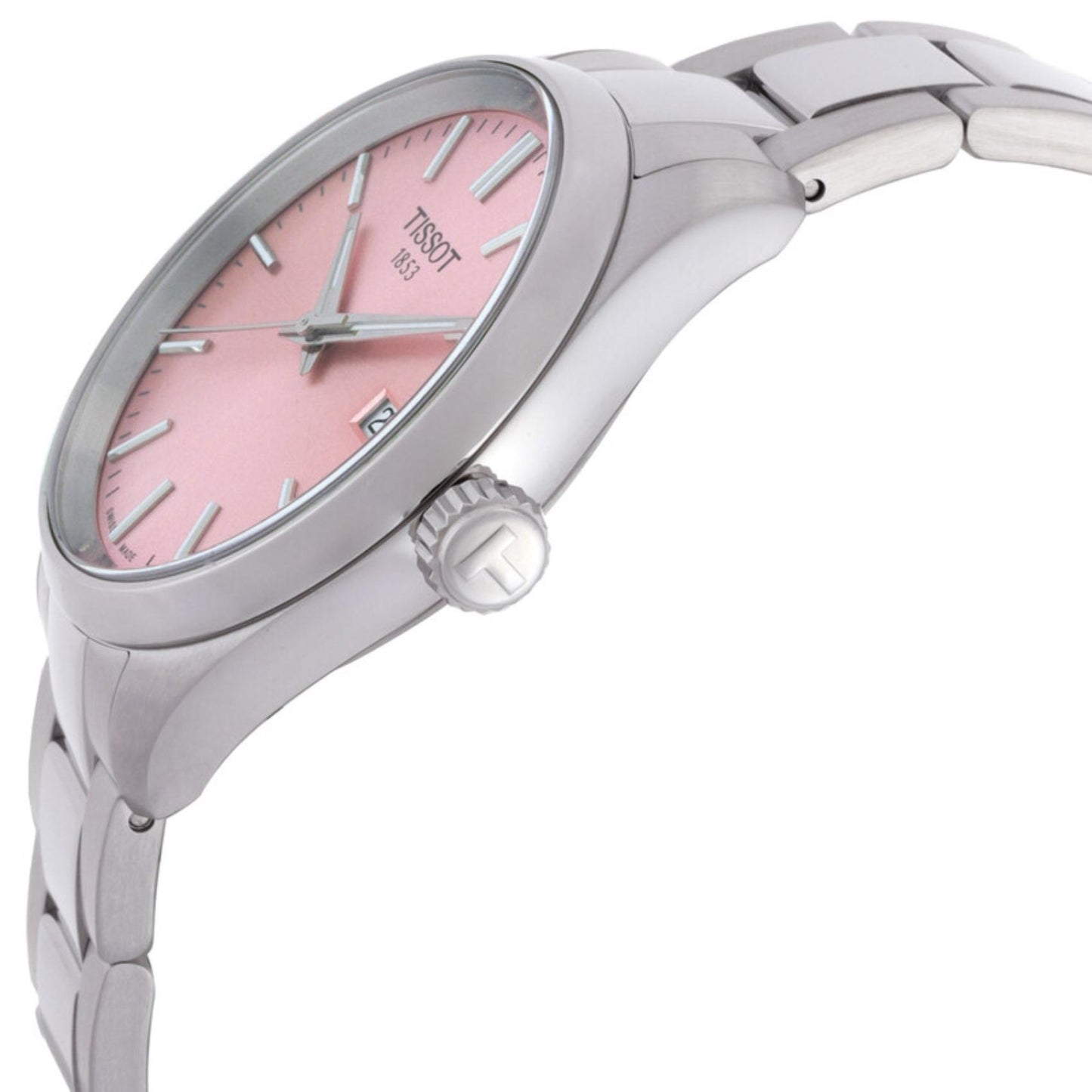 Tissot PR 100 T150.210.11.331.00 with pink dial, stainless steel case profile, signed crown, and integrated steel bracelet with brushed finish.