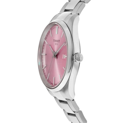 Tissot PR 100 T150.210.11.331.00 with pink sunray dial, slim stainless steel case profile, signed crown, and polished steel bracelet.