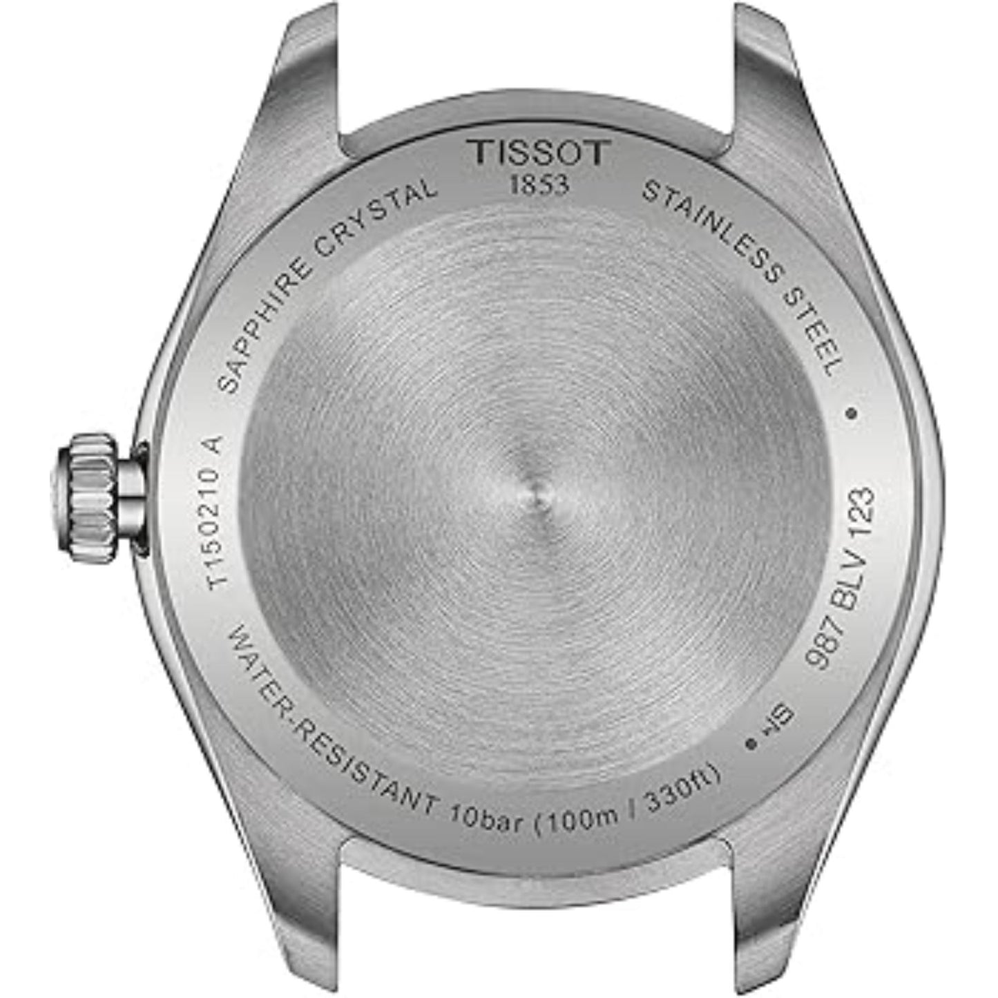 Tissot PR 100 T150.210.21.031.00 women’s Swiss quartz watch with brushed stainless steel caseback engraved with sapphire crystal and water resistance markings