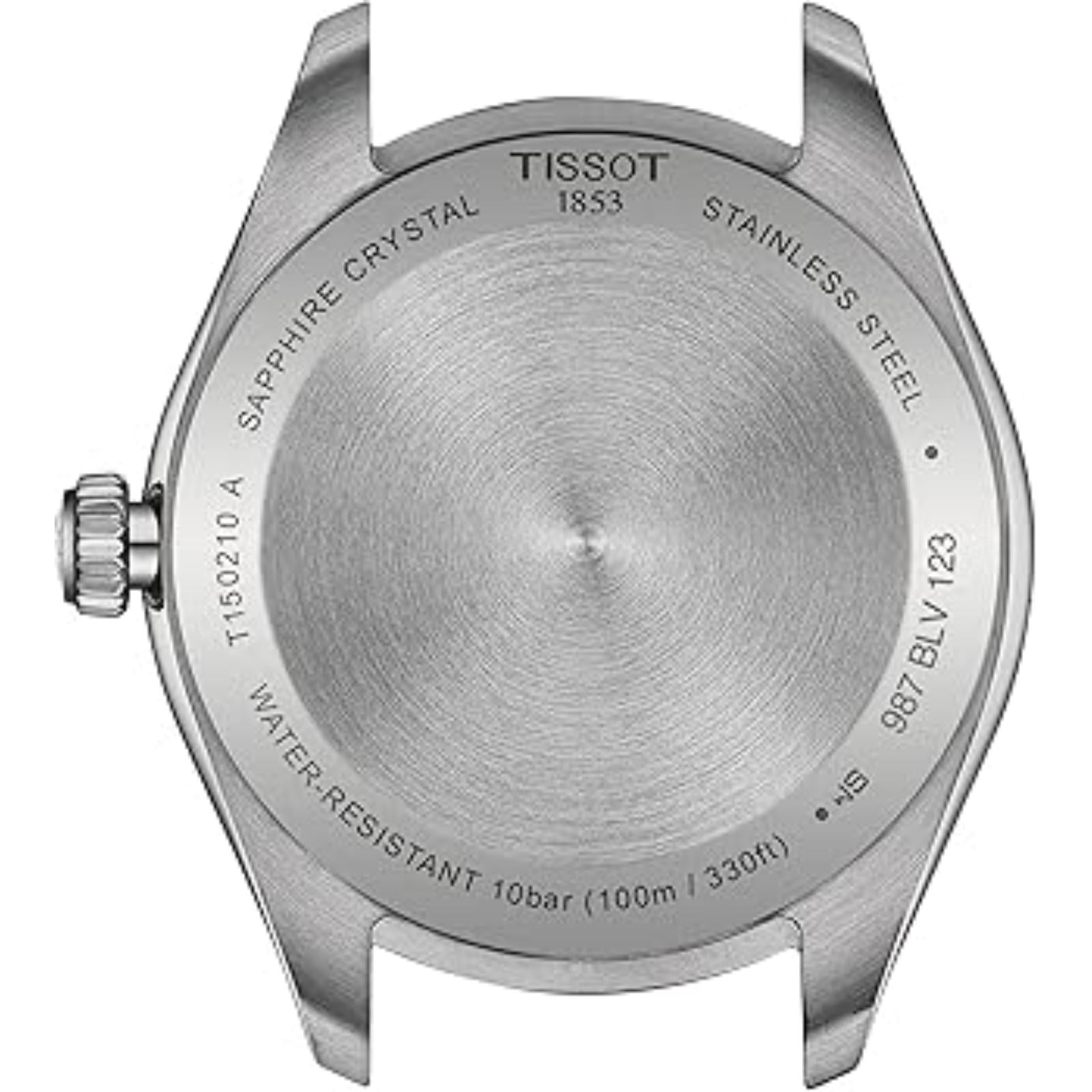 Tissot PR 100 T150.210.21.031.00 women’s Swiss quartz watch with brushed stainless steel caseback engraved with sapphire crystal and water resistance markings