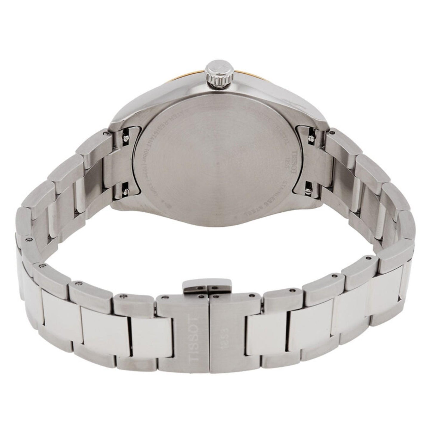 Tissot PR 100 T150.210.21.031.00 women’s Swiss quartz watch with stainless steel caseback, two-tone bracelet and fold-over clasp with engraved logo.