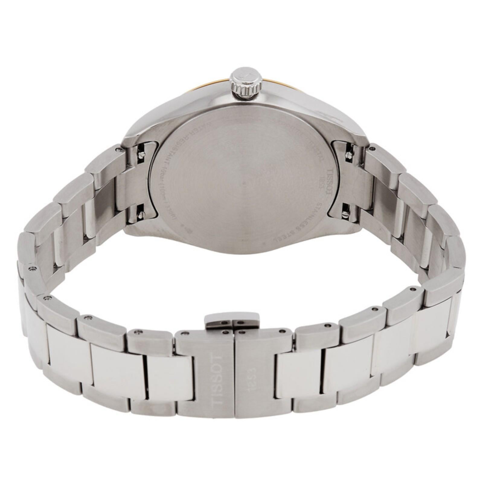 Tissot PR 100 T150.210.21.031.00 women’s Swiss quartz watch with stainless steel caseback, two-tone bracelet and fold-over clasp with engraved logo.