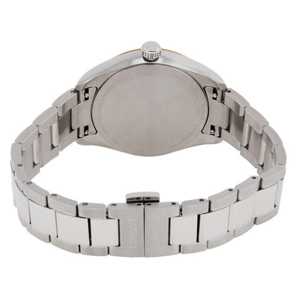 Tissot PR 100 T150.210.21.031.00 women’s Swiss quartz watch with stainless steel caseback, two-tone bracelet and fold-over clasp with engraved logo.