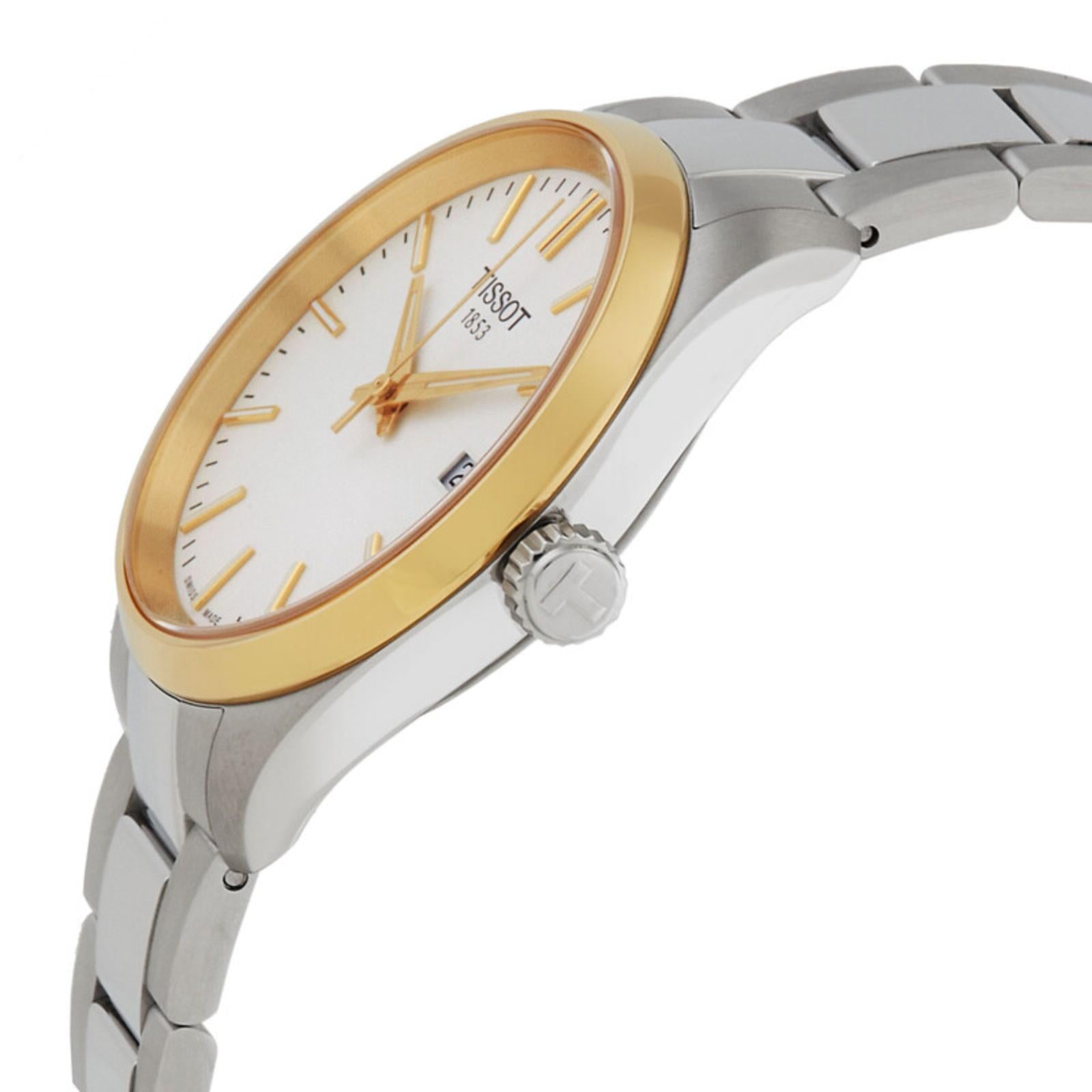 Tissot PR 100 T150.210.21.031.00 women’s Swiss quartz watch with gold-tone bezel accents, engraved crown and two-tone stainless steel bracelet shown in side profile.