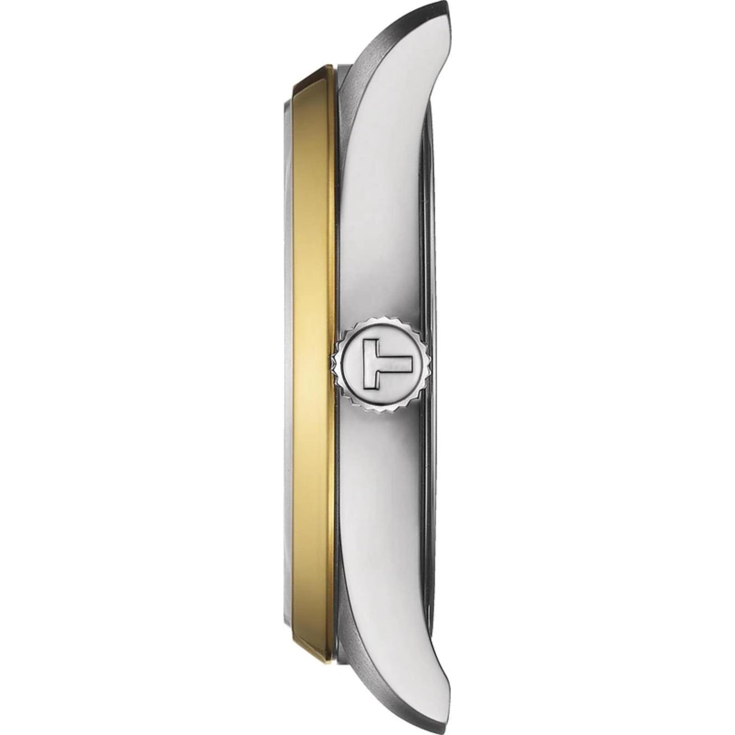 Tissot PR 100 T150.210.21.031.00 women’s Swiss quartz watch with slim stainless steel case, gold-tone bezel accents and engraved Tissot crown shown in side profile.