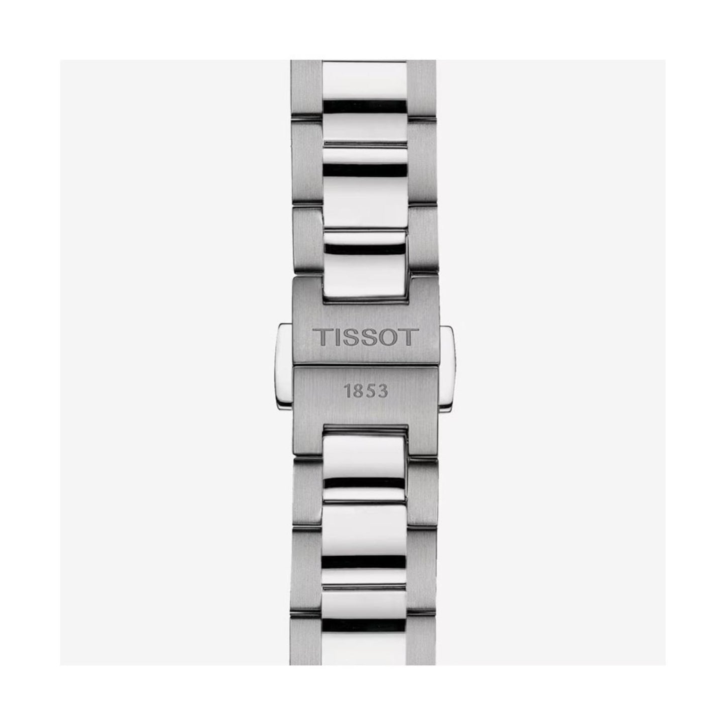 Tissot PR 100 T150.210.21.031.00 women’s Swiss quartz watch with stainless steel bracelet clasp engraved with Tissot 1853 logo.