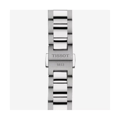 Tissot PR 100 T150.210.21.031.00 women’s Swiss quartz watch with stainless steel bracelet clasp engraved with Tissot 1853 logo.