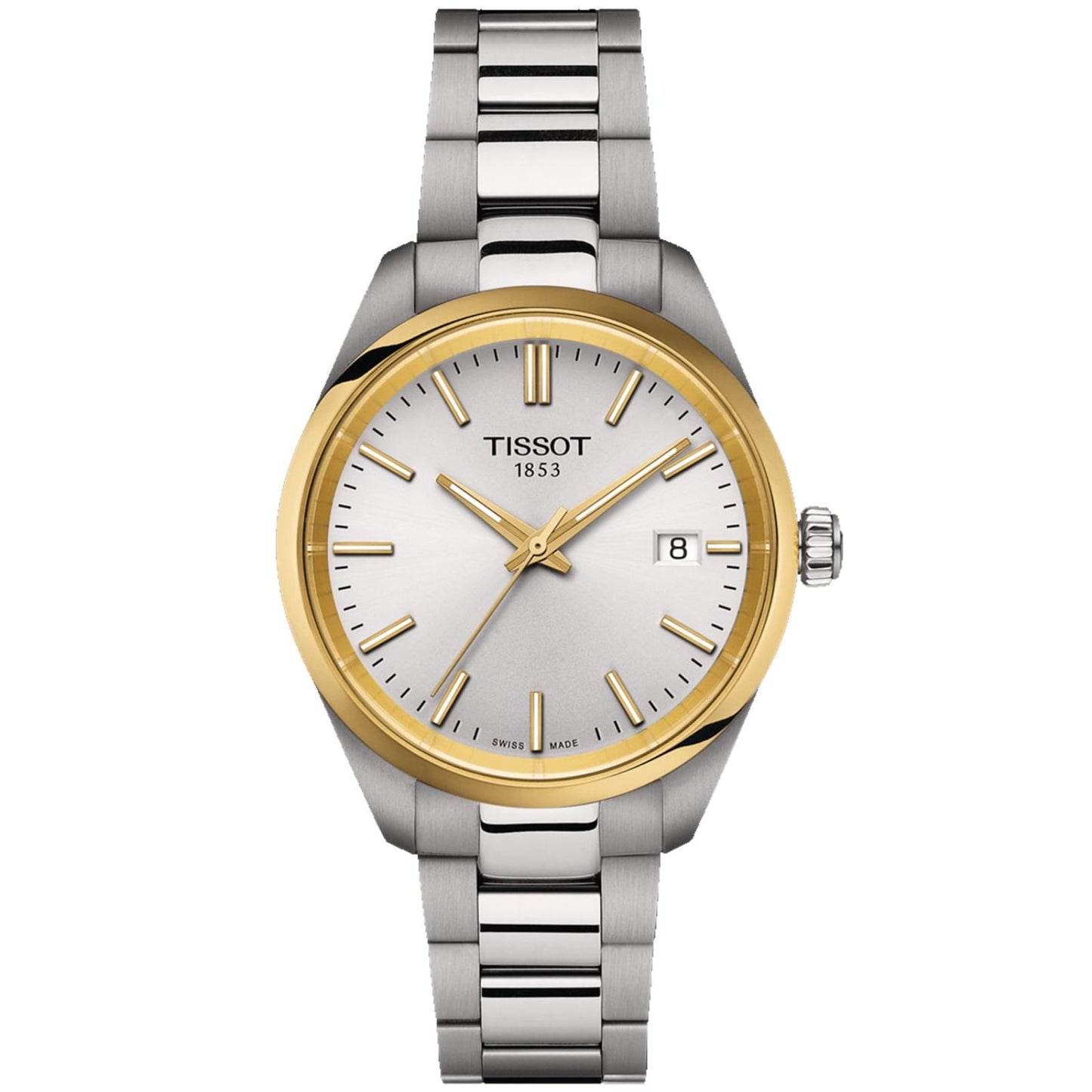Tissot PR 100 T150.210.21.031.00 women’s Swiss quartz watch with white dial, gold-tone bezel accents and two-tone stainless steel bracelet.
