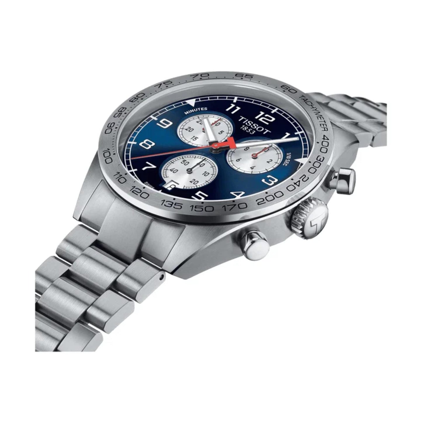 Tissot PRS 516 Chronograph T131.617.11.042.00 Swiss sport watch with blue dial, tachymeter bezel, chronograph pushers and stainless steel bracelet shown in angled profile view.