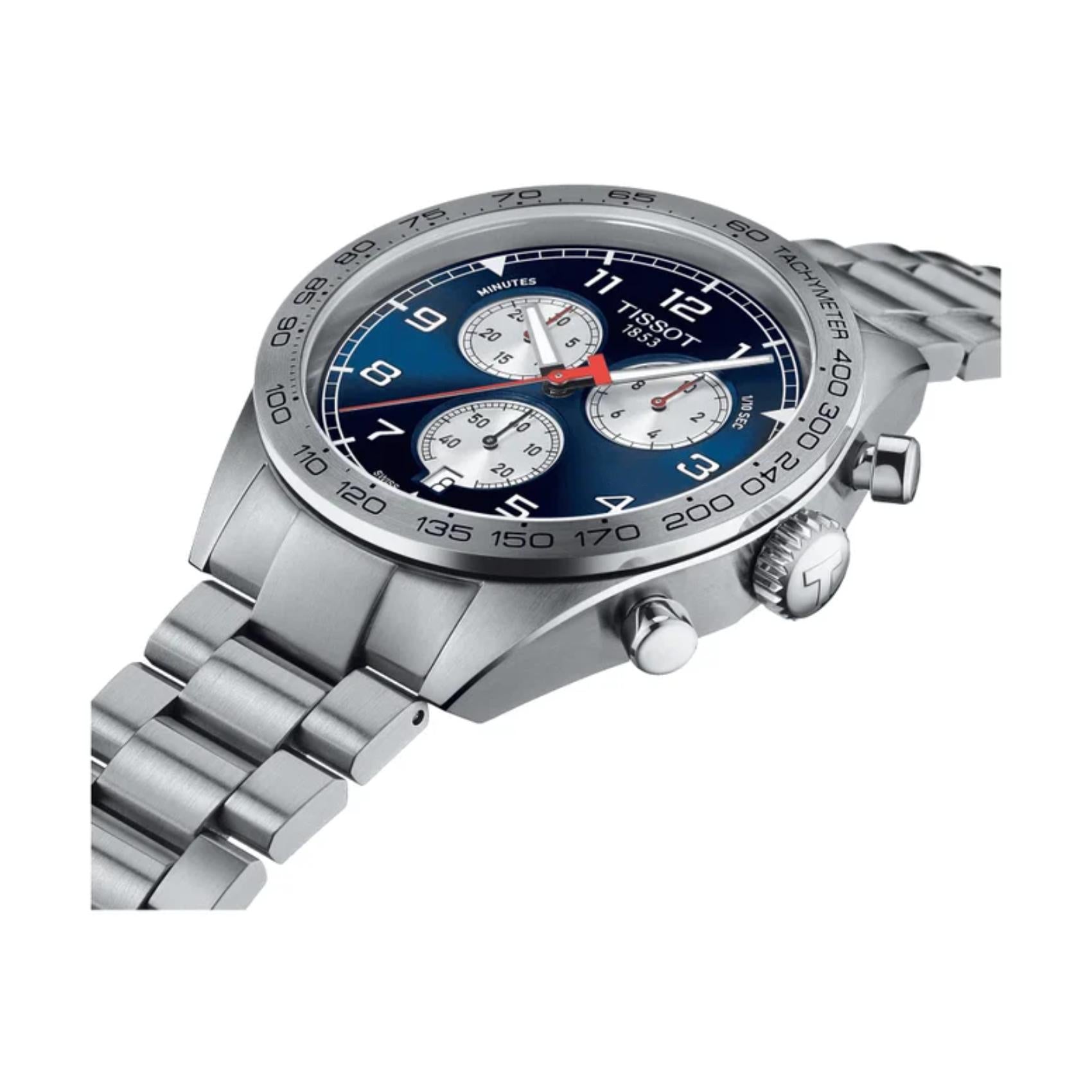 Tissot PRS 516 Chronograph T131.617.11.042.00 Swiss sport watch with blue dial, tachymeter bezel, chronograph pushers and stainless steel bracelet shown in angled profile view.