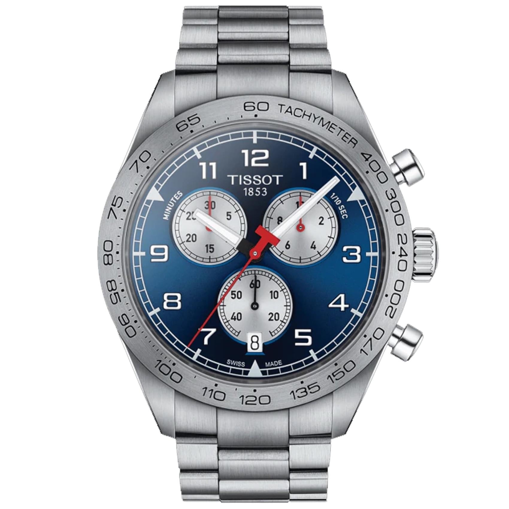 Tissot PRS 516 Chronograph T131.617.11.042.00 Swiss sport watch with blue dial, tachymeter bezel, chronograph subdials and stainless steel bracelet.