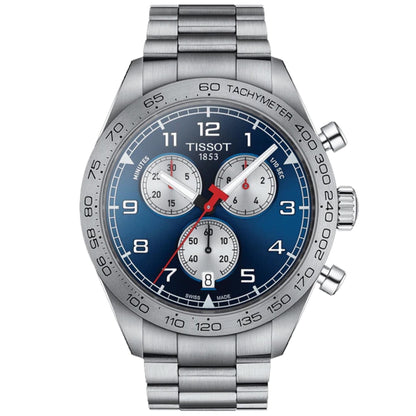 Tissot PRS 516 Chronograph T131.617.11.042.00 Swiss sport watch with blue dial, tachymeter bezel, chronograph subdials and stainless steel bracelet.