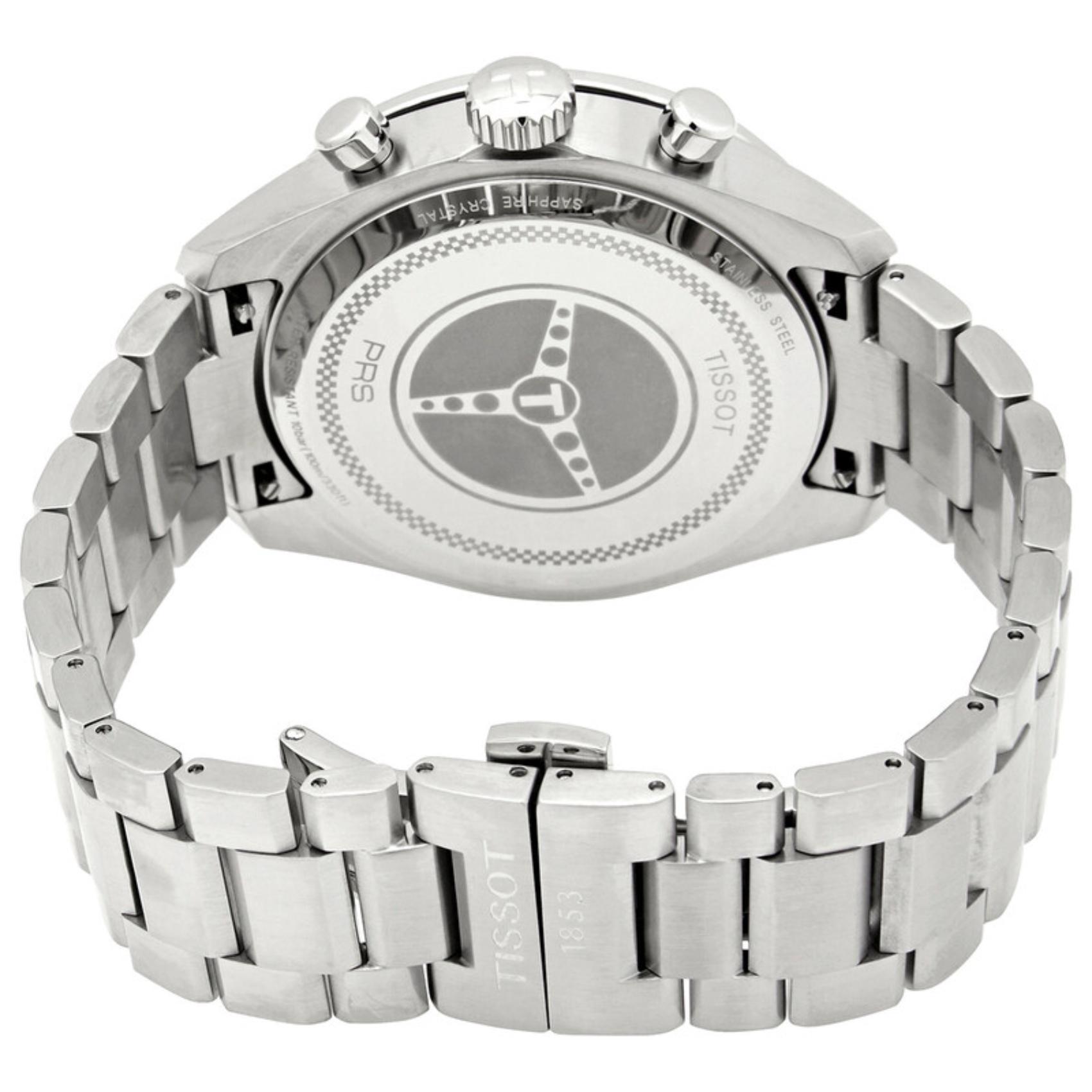 Tissot PRS 516 Chronograph T131.617.11.042.00 Swiss sport watch with engraved PRS 516 caseback, stainless steel bracelet and fold-over clasp with Tissot logo.