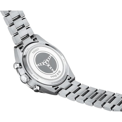 Tissot PRS 516 Chronograph T131.617.11.042.00 Swiss sport watch with engraved caseback featuring steering wheel design and stainless steel bracelet.