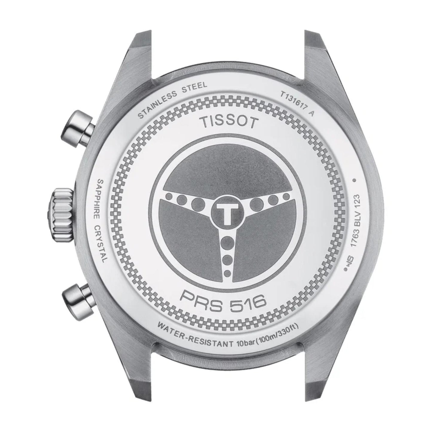 Tissot PRS 516 Chronograph T131.617.11.042.00 Swiss sport watch with stainless steel caseback engraved with PRS 516 steering wheel design and sapphire crystal markings.
