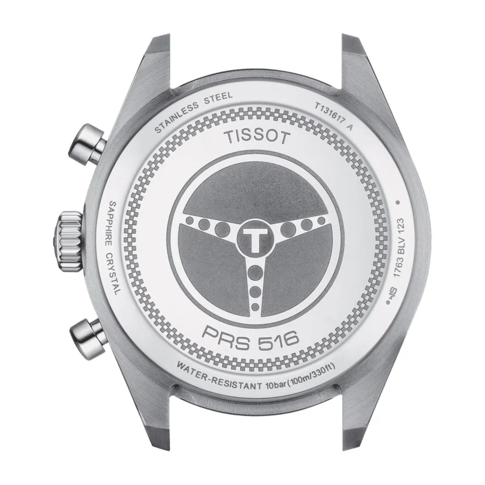 Tissot PRS 516 Chronograph T131.617.11.042.00 Swiss sport watch with stainless steel caseback engraved with PRS 516 steering wheel design and sapphire crystal markings.