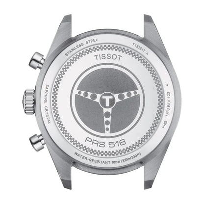 Tissot PRS 516 Chronograph T131.617.11.042.00 Swiss sport watch with stainless steel caseback engraved with PRS 516 steering wheel design and sapphire crystal markings.
