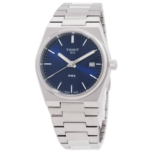 Tissot PRX T137.210.11.041.00 unisex dress watch with blue dial, date window and integrated stainless steel bracelet in modern minimalist style