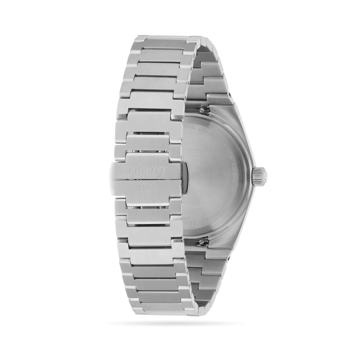 Tissot PRX T137.210.11.041.00 with stainless steel caseback, integrated steel bracelet, and signed folding clasp with brushed finish.