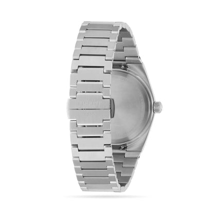 Tissot PRX T137.210.11.041.00 with stainless steel caseback, integrated steel bracelet, and signed folding clasp with brushed finish.
