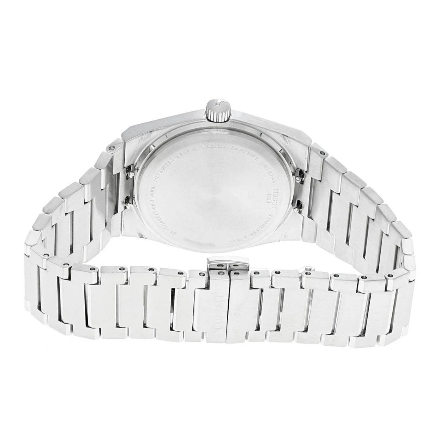 Tissot PRX T137.210.11.041.00 with stainless steel rear case, integrated brushed steel bracelet, and folding clasp in open position.