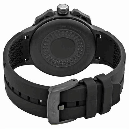 Tissot T111.417.37.441.03 with black caseback, black PVD case and black silicone strap with buckle.