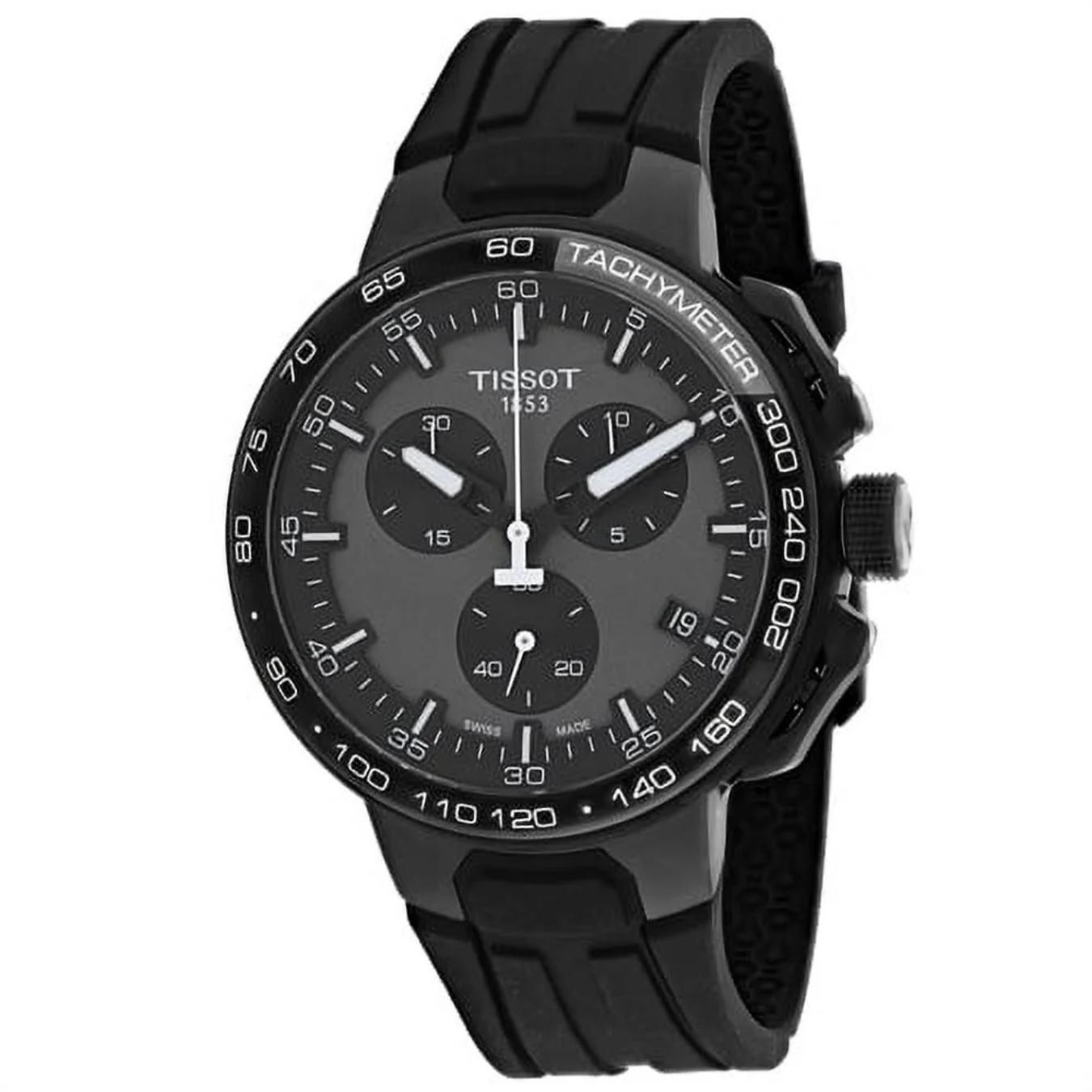 Tissot T111.417.37.441.03 chronograph watch with black dial, subdials, tachymeter bezel, black PVD case and black silicone strap.