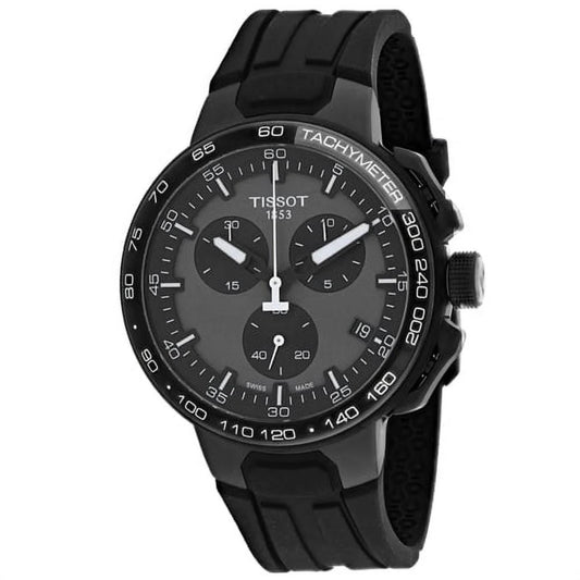 Tissot T111.417.37.441.03 chronograph watch with black dial, subdials, tachymeter bezel, black PVD case and black silicone strap.