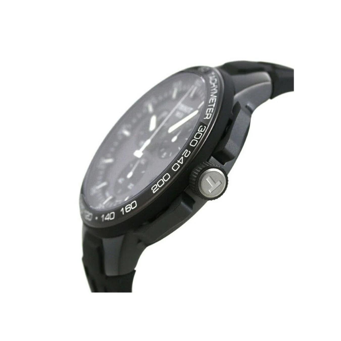 Tissot T111.417.37.441.03 side profile with black PVD case, crown and tachymeter bezel.