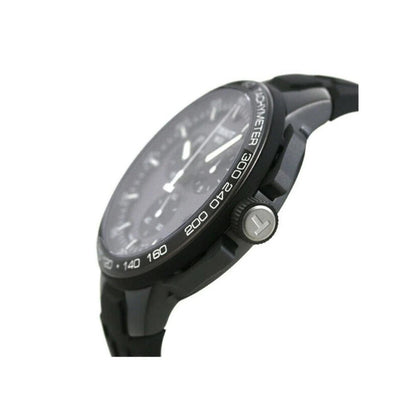 Tissot T111.417.37.441.03 side profile with black PVD case, crown and tachymeter bezel.