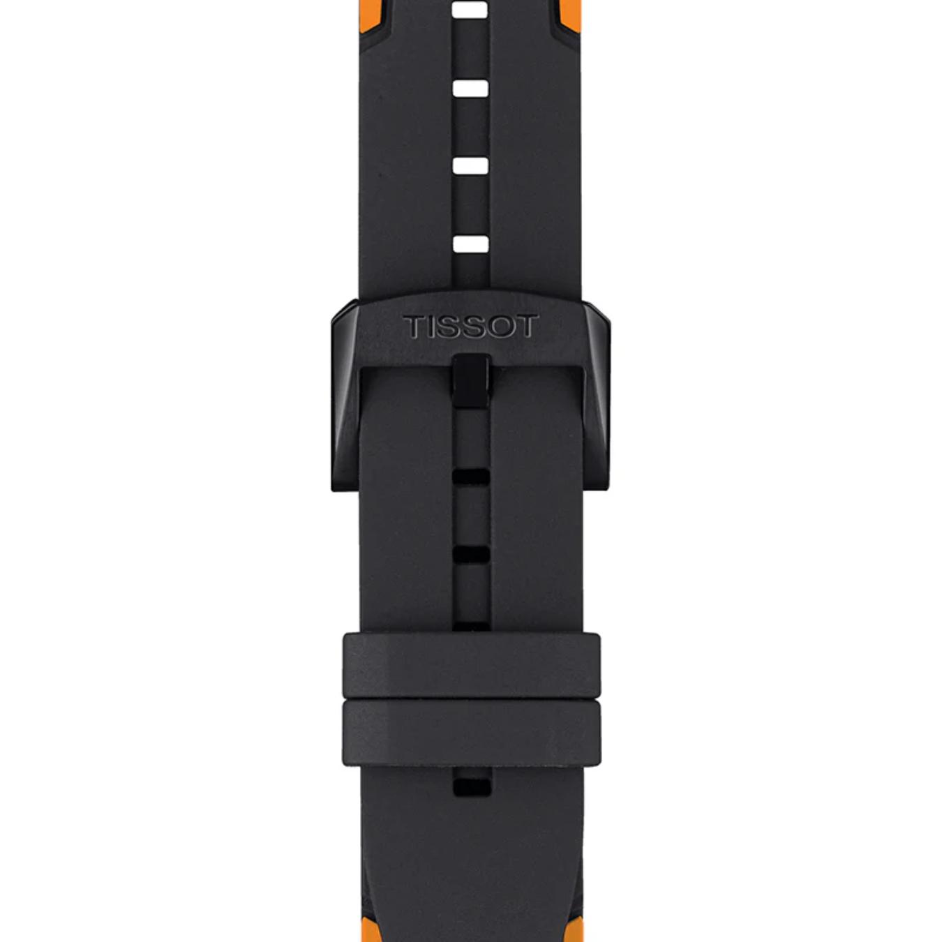 Tissot T111.417.37.441.03 black silicone strap with signed Tissot buckle and textured detail.