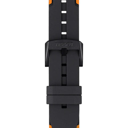 Tissot T111.417.37.441.03 black silicone strap with signed Tissot buckle and textured detail.